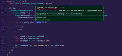 Screenshot of VS Code showing deprecation warning for the performance.timing.