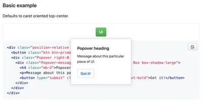 Primer Style Guide, popover section example.