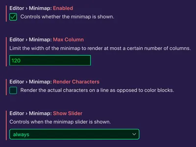 Screenshot of Minimap Settings in VS Code editor.