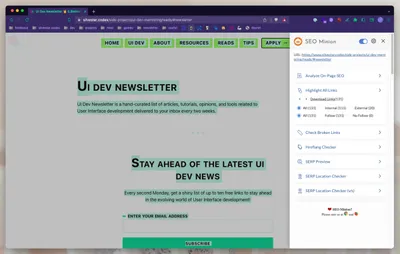 Screenshot of a UI Dev Newsletter page with SEO Minion extension highlighting page links.